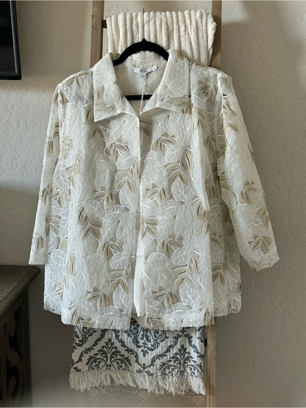 Chico's White Jacket with Beige Floral Embroidery - Picture 2 of 6